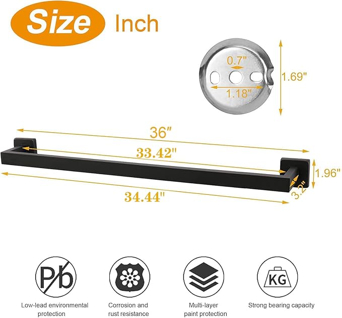 TocTen Bath Towel Rack - Square Base Thicken SUS304 Stainless Steel Towel Bar for Bathroom, Bathroom Accessories Towel Rod Heavy Duty Wall Mounted Towel Holder. (Black, 36)