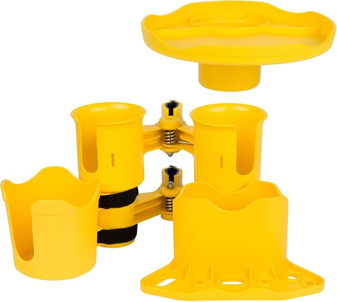 ROBOCUP, (Yellow), Patented Clamp On Boat Cup Holder |Multifunction Dual Drink Caddy for Fishing Poles, Tools, Net, Gaff |Portable Storage for Boating, Beach, Umbrellas, Golf Carts, Strollers