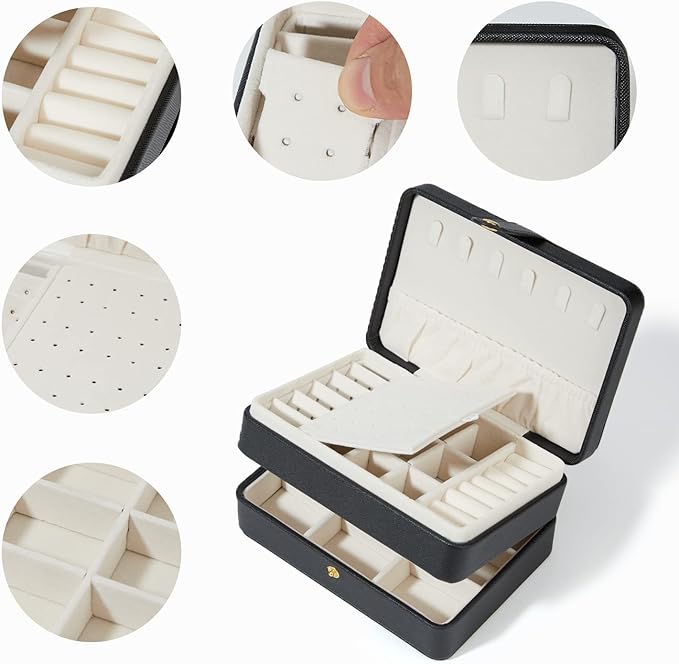 Travel Jewelry Organizer, PU Leather Small Jewelry Organizer for Women Girls, 2 Layers Portable Travel Jewelry Case for Stud Earrings, Rings, Necklaces, Bracelets(Black+Small)