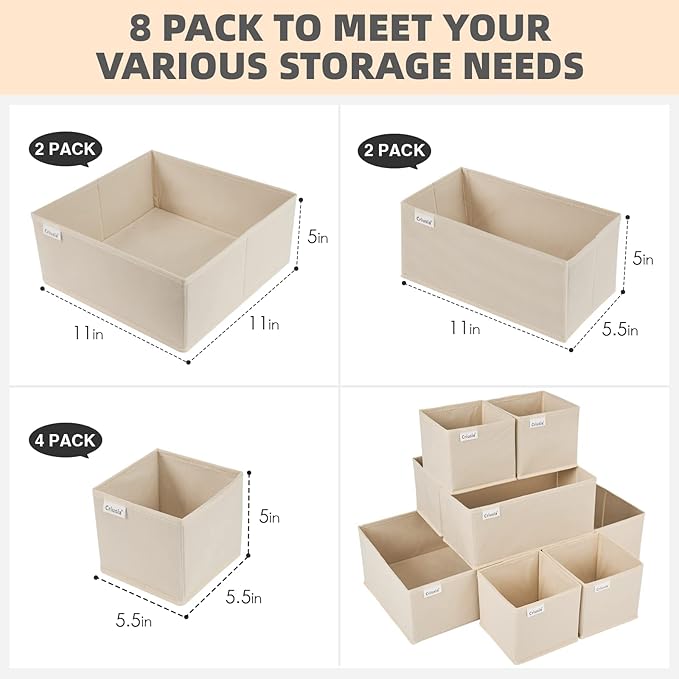 Criusia Drawer Organizer Clothes, 8 Pack Underwear Drawer Organizer, Foldable Cloth Storage Box Closet Organizers and Storage for Clothes, Socks, Scarves, Ties (Beige)