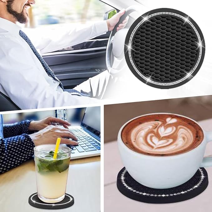 Car Coasters for Cup Holders, 2.75 Inch Auto Cup Holder Insert Coasters Silicone Anti-Slip Crystal Rhinestone Cute Drink Car Cup Mat, 4PCS Bling Car Accessories for Women & Lady (Black)