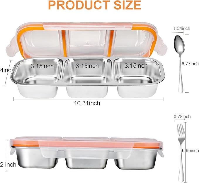 1PC 3 Compartment Grab and Go Snack Containers with Spoon Fork, Reusable Stainless Steel Snack Containers with Lids, Double Compartment Condiment Container for Travel and Outdoor Camping (3)