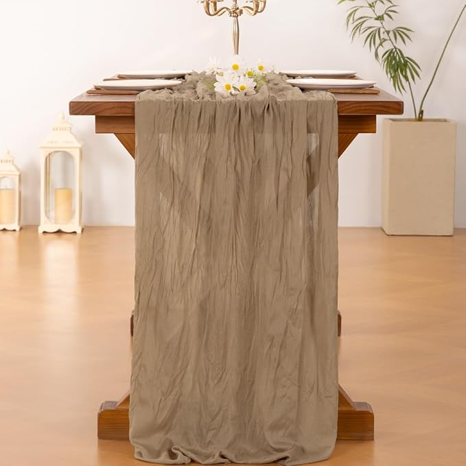Socomi 10pcs Nude Brown Cheesecloth Table Runner Boho Rustic Gauze 120 inch 10FT Cheese Cloth Sheer Runner for Wedding Party Baby Shower Birthday Home Decor Holiday Decorations