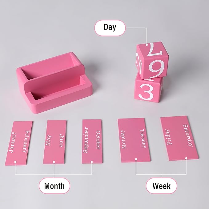 Wooden Block Calendar for Desk, Daily Desktop Perpetual Desk Calendar, Modern Farmhouse Aesthetic Desk Accessories for Home Office Decor, Teacher, Classroom, Reusable Yearly, Pink