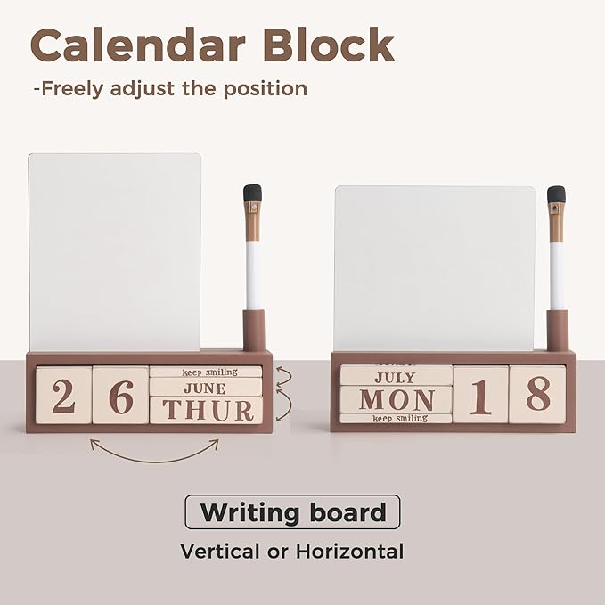 SELEAD Wooden Block Desk Calendar with Dry Erase White Board - Daily Desktop Perpetual Calendar Words Sign Quotes for Home Office Classroom Decor, Teachers Students - Brown