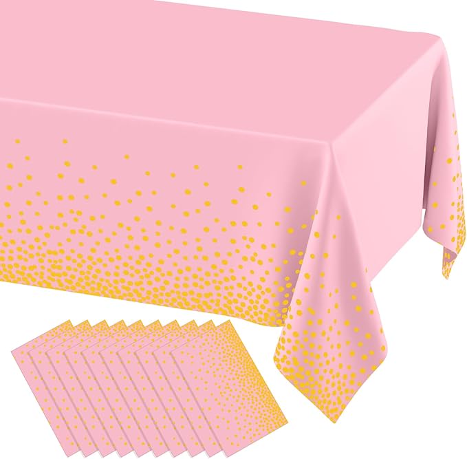 misaya 10 Packs Dot Disposable Table Cloth, 54 x 108 Inch Waterproof Plastic Tablecloth, Rectangle Gold Dots in Pink Table Covers for Mother's Day, Picnic, Birthday, Party