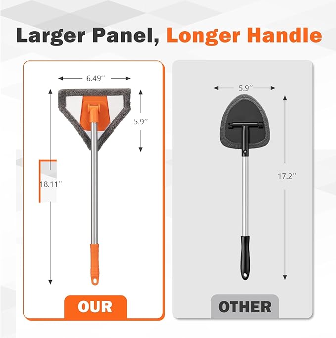 Windshield Interior Cleaner Tool - Auto Glass Wash Brush with 2 Washable and Reusable Microfiber Pads,Car Accessories Interior Triangular Mop Cleaning Kit for Trucks, SUVs, RVs & Home Windows