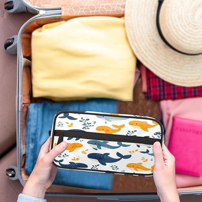 Whales And Seaweed Travel Toiletry Bag for Women, Waterproof Cosmetic Makeup Bag with PU Handle & Zipper, 2 Compartment Portable Shaving Bag for Bathroom, Gym, Business Trips