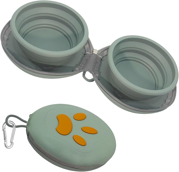 Collapsible Dog Bowls, 2-in-1 Silicone Pet Food and Water Bowl with Carabiner, Portable Double Compartment Dish for Travel, Camping, Hiking Puppy Essentials (Green)