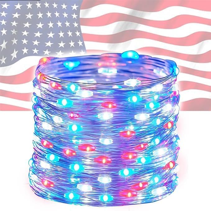 4th of July Lights Red-White-Blue Decorations - 100 LED 50 Photo Clips String Lights Holder 33FT Starry Fairy Lights Hanging Pictures Cards Memos USB Powered&Switch Bedroom Dorm Christmas Decor Tree