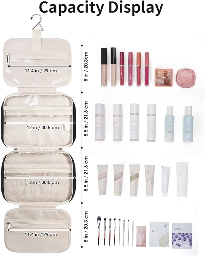 Narwey Travel Toiletry Bag for Women Large Hanging Makeup Bag Organizer Toiletries Bag for Full Size Essentials Accessories Cosmetics (Black (Large))