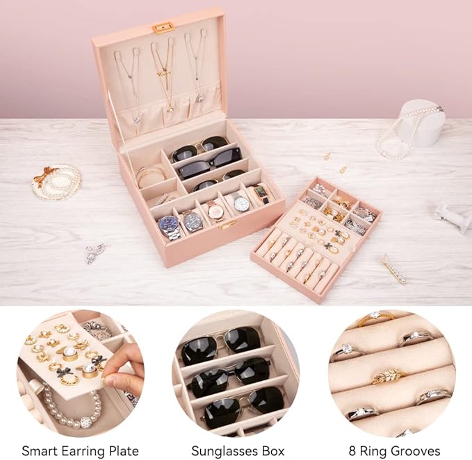 Voova Jewelry Box Organizer for Women Teen Girls, 2 Layer 5 Slot Watch Storage Case with Removable Tray, PU Leather Large Jewellery Holder Display for Watches Sunglasses Rings Earrings Necklace, Pink