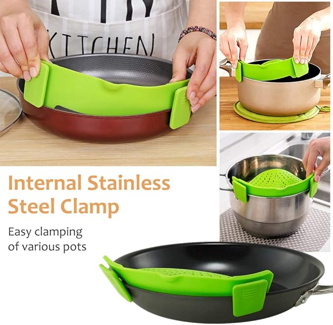 YEVIOR Clip on Strainer for Pots Pan Pasta, Silicone Food Strainer Hands-Free Pan Strainer, Clip-on Kitchen Food Strainer for Spaghetti, Pasta, Ground Beef Fits All Bowls and Pots (Green)