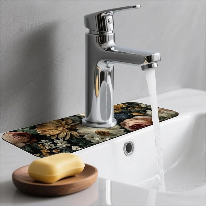 Kitchen Sink Splash Guard, Dark Floral Faucet Mat Sink Gadgets - Super Absorbent Fast Drying Mat Drip Catcher for Kitchen, Bathroom, Sink Mat, Dish Drying Mat, Bathroom (15" X 5.5")