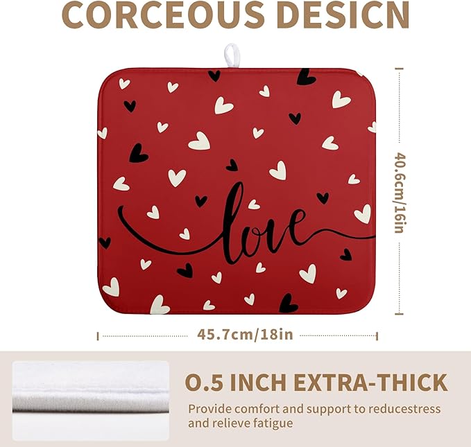 Valentine Dish Drying Mat for Kitchen Counter Valentines Day Red Black Love Heart Holiday Drying Mats Absorbent Microfiber Dish Draining Mat Medium Dish Rack Pad 16x18 Inch