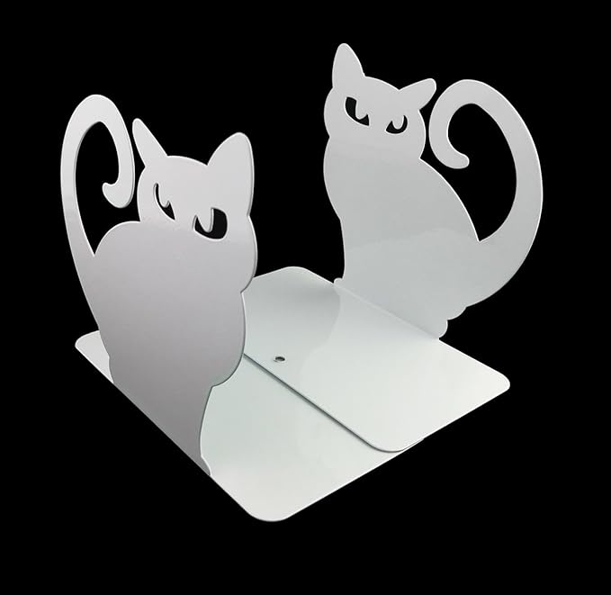 Winterworm Cute Vivid Lovely Persian Cat Nonskid Thickening Iron Metal Bookends Book Organizer for Library School Office Home Study Desk Organizer (White)