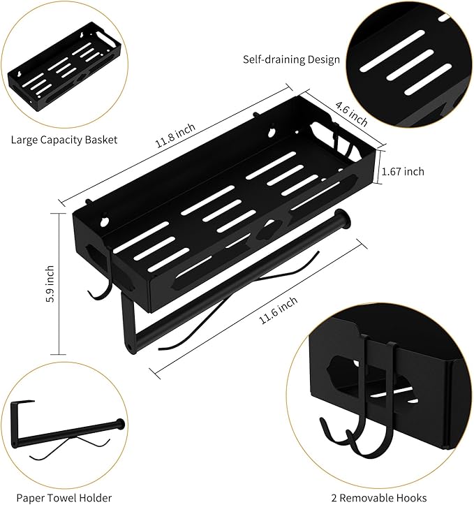 Paper Towel Holder Wall Mount for Kitchen, Easy One-handed Operation Design, Self Adhesive Paper Towel Holder with Shelf for Bathroom, RV Paper Towel Rack Paper Roll Holder with 2 Hooks, Black