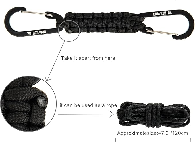 BRAVESHINE Paracord Keychain Carabiner Clip, D-Ring Lanyard Hanger Stroller Hook for Water Bottle, Key, Backpacks, Men, Women