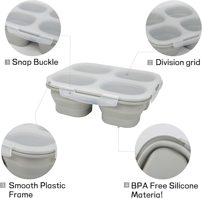Collapsible Silicone Food Storage Container, 4-Compartment Snack Containers Portion Control with Clip-on Lid, Stackable, Space Saving, Microwave/Fridge/Freezer/Dishwasher Safe (3)