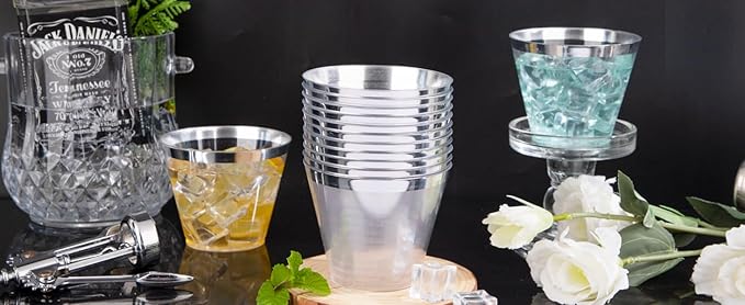 Hioasis 200Pcs 9OZ Clear Plastic Cups with silver Trim - Plastic Disposable Cups, Heavy Duty & BPA-free for Party, Wedding, Celebration