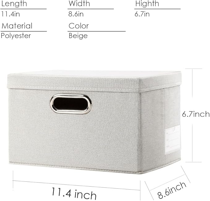 PRANDOM Storage Bins with Lids [3-Pack] Linen Fabric Foldable Storage Boxes Organizer Containers Baskets Cube with Cover for Bedroom Closet Office Beige (11.4"x8.6"x6.7")