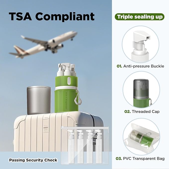 YOTIME 4in1 Travel Bottles Set, Vacuum Silicone Suction Cup for Smooth Walls, TSA Approved Leak Proof Travel Size Containers for Toiletries, Shampoo, Body Wash and Conditioner, Green