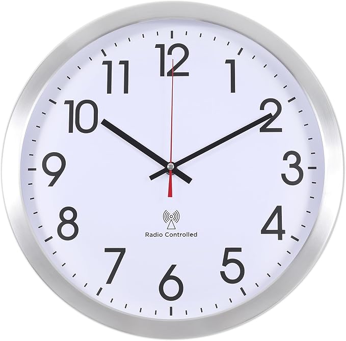 Atomic Analog Wall Clock, 14-Inch Radio-Controlled Automatically Setting Wall Clock, Aluminum Frame Wall Clock for Home, School, Office