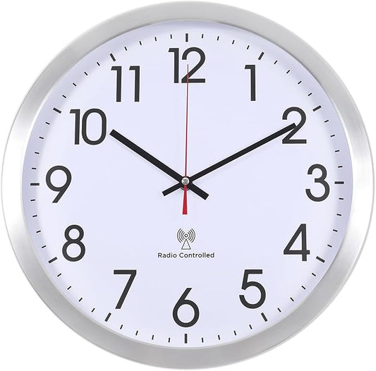 Atomic Analog Wall Clock, 14-Inch Radio-Controlled Automatically Setting Wall Clock, Aluminum Frame Wall Clock for Home, School, Office