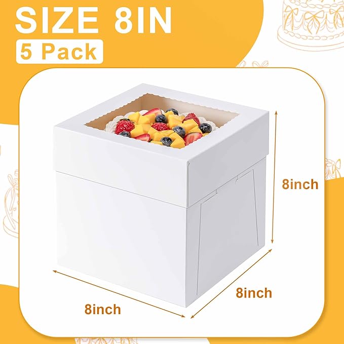 5 Pack Cake Boxes 8 Inch, 8x8x8 Inches Tall Cake Large Box, Disposable Cakes Transport Containers with Lids, Bakery Boxes with Large Window, for Cookies Pies Cupcakes Pastry-Wedding, Birthday, Party