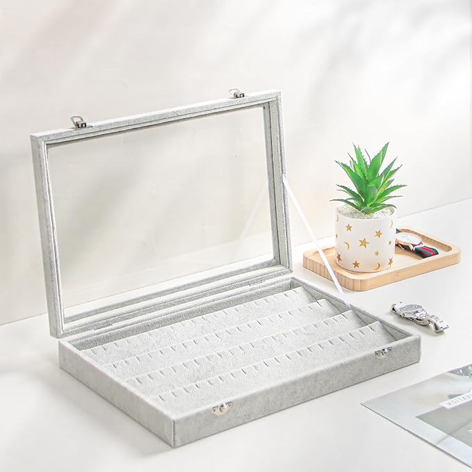 Coward Earring Organizer Tray Box, Grey Beige Velvet Earring Jewelry Display Storage Tray Case with Transparent Glass Lid for Home Drawer or Shop Selling