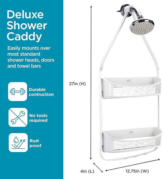 BLACK+DECKER 2-Way Convertible Hanging Anti-Swing Shower Caddy, 2 Way Adjustable Arm, Over The Door, Loofah & Razor Hooks, Storage & Organization, Large and Small Bottles and More, White