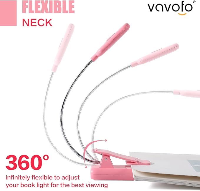 VAVOFO Rechargeable Book Light for Reading in Bed Kids, 7 LED Reading Light with 9-Level Warm Cool White Daylight, Eye Care Lamp with Power Indicator for Bookworms (Pink)
