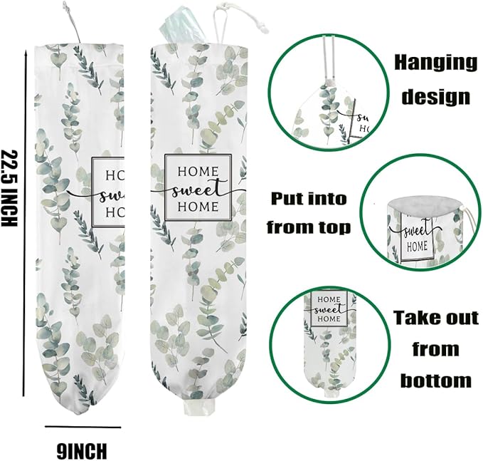 Eucalyptus Leaves Plastic Bag Holder, Wall Mount Grocery Bag Holder for Plastic Bags, Reusable Grocery Bags Storage Dispenser, Farmhouse Home Kitchen Decor, Housewarming Gifts for Women Mom Grandma