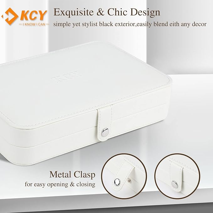 KCY Jewelry Box for Women Girls,Small Travel Jewelry Organizer Case,PU Leather Portable Jewellery Storage Boxes Display Holder for Ring Earrings Necklace Bracelet Bangle, Men Teen Kids Gift, White
