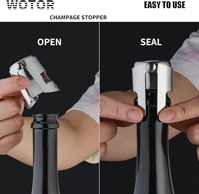 WOTOR Champagne Stoppers Stainless Steel, Prosecco Bottle Stopper with Food Grade Silicone, Reusable Champagne Cork & Saver, Leak proof Keep Fresh (Silver, 6 Pack)