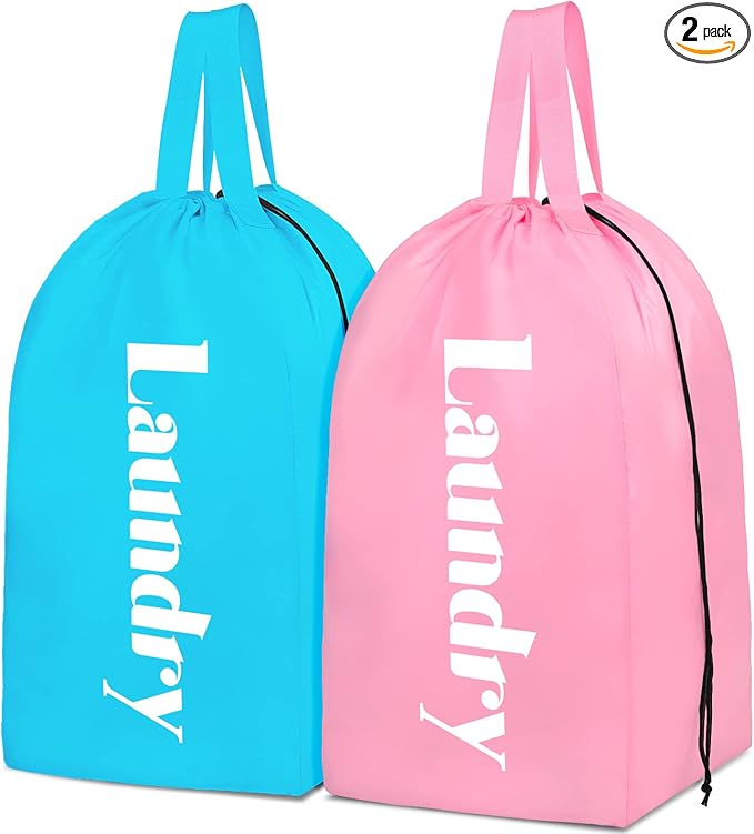 Sylfairy 2 Pack XL Laundry Bag with Strap, Heavy Duty Travel Laundry Bag, Rip-Stop Dirty Clothes Shoulder Bag with Drawstring, Easy Fit a Laundry Hamper or Basket Travel Essentials