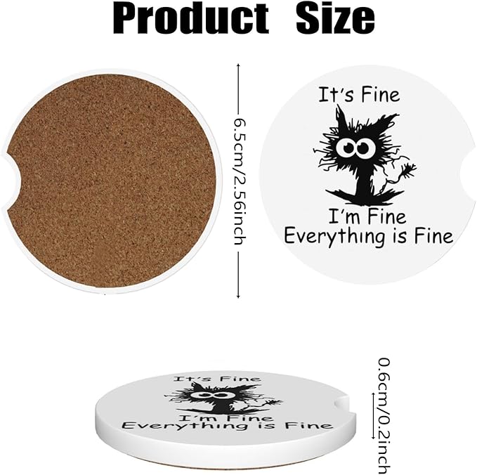 Car Cup Holder Coasters, 2 Pcs Ceramic Coasters with Cork Back and Finger Slot, Anti-Slip Shock Absorbing Women and Men Universal Car Accessories - Fine Cat