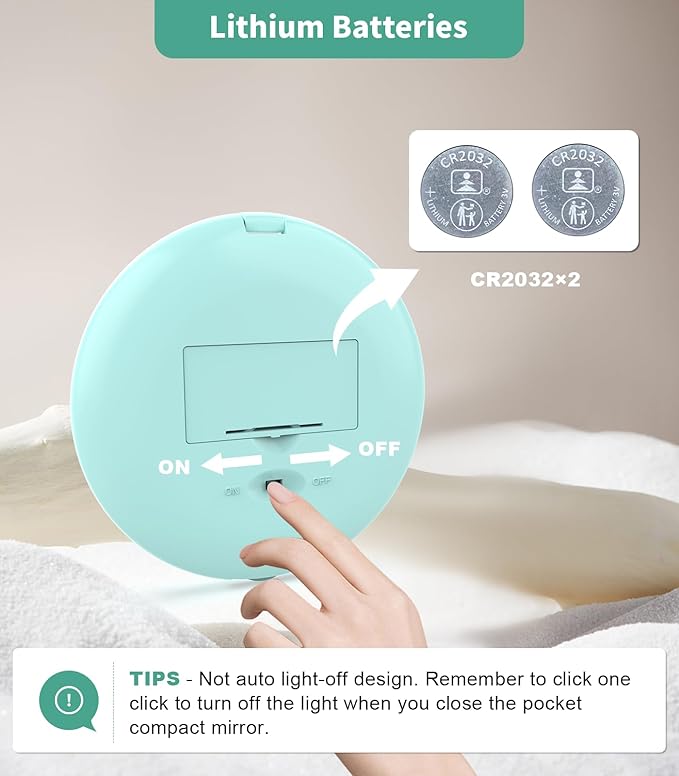 WOBSION LED Lighted Travel Makeup Mirror, 1x/10x Magnification, Compact, Portable for Handbag, Purse, Pocket, 3.5 inch Illuminated, Folding, Handheld, 2-Sided, Round, Cyan