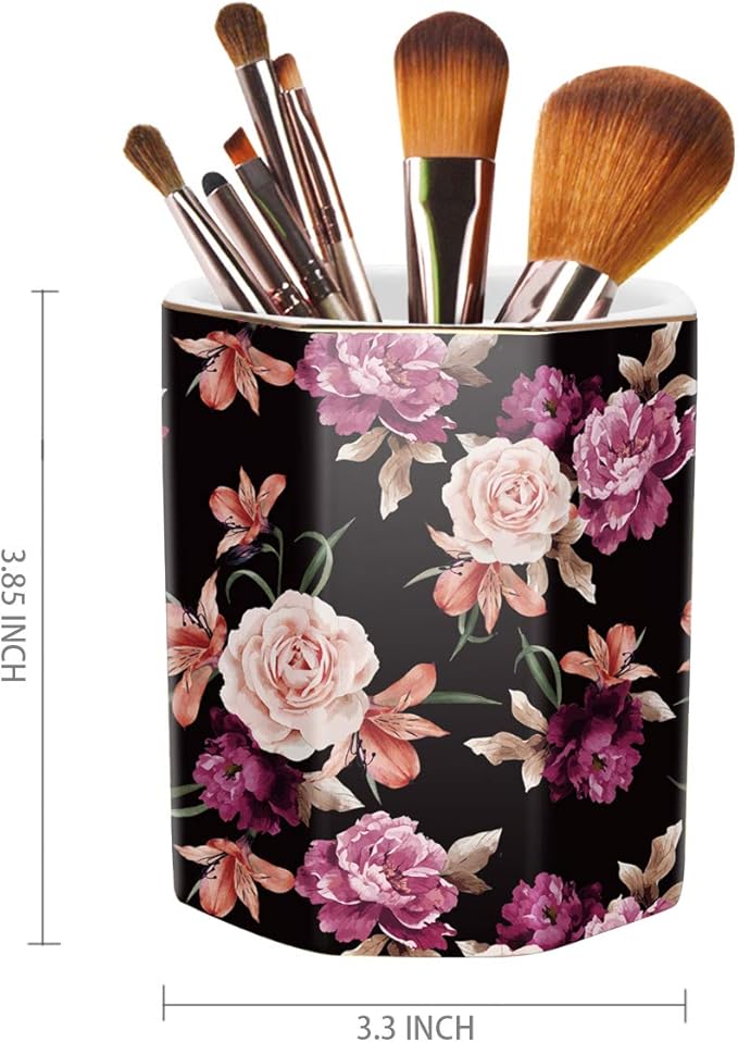 WAVEYU Pen Holder, Pencil Holder for Desk Floral Pattern Pencil Cup for Girls Kids Durable Ceramic Desk Organizer Makeup Brush Holder for Office, Classroom, Home, Black Flower