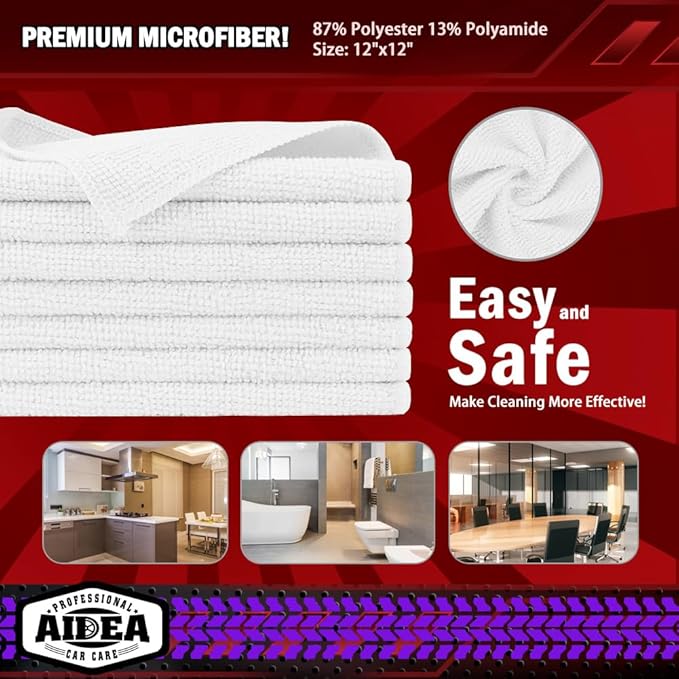 AIDEA Microfiber Cleaning Cloth White 150PK, Microfiber Towels for Cars, Premium Car Cloth, Dusting Cloths Lint Free Cleaning Rags for SUVs, House, Kitchen, Window, Workshops, 12×12"