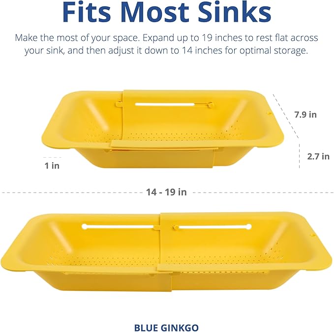 BLUE GINKGO Over the Sink Colander Strainer Basket - Wash Vegetables and Fruits, Drain Cooked Pasta and Dry Dishes - Extendable - New Home Kitchen Essentials (7.9 W x 14.5-19.5 L x 2.75 H) - Yellow