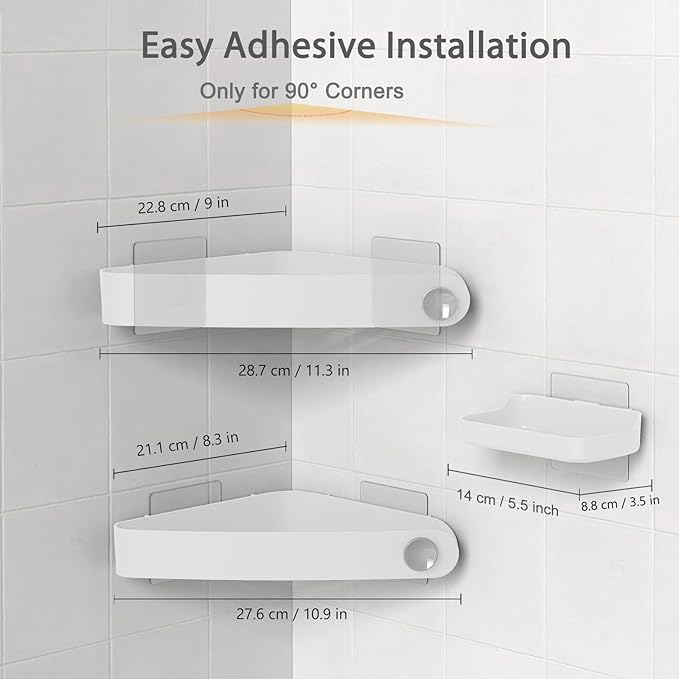 Sotfamily Plastic Shower Caddy Corner (For 90° Only), Adhesive Corner Shower Shelves for Bathroom Organizers and Storage, 2 Pack + Soap Dish, White