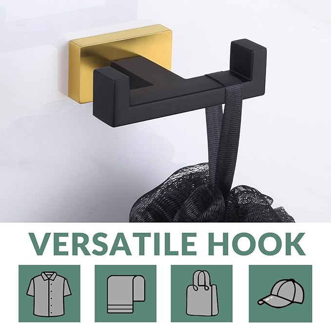APLusee Black Gold Double Towel Hook, Heavy Duty Stainless Steel Robe Hook for Bathrooms, Wall Mounted
