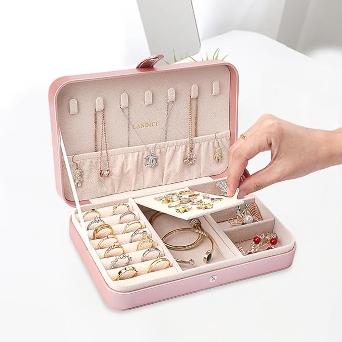 LANDICI Small Jewelry Box for Women Girls, PU Leather Travel Jewelry Case, Portable Jewelry Organizer Storage Holder Display for Ring Earrings Necklace Bracelet Women Kids Gift, Rose Gold
