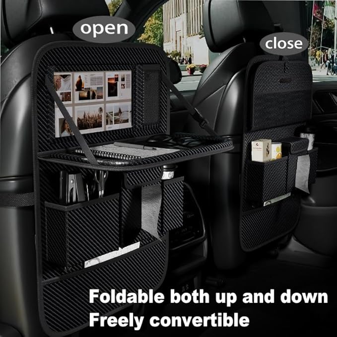 GMQ Back Seat Car Organizer 1 Pack,Backseat Organizer with Tray,Multifunctional Car Seat Back Storage Box with Foldable Tablet Holder (Carbon Black, Weave)