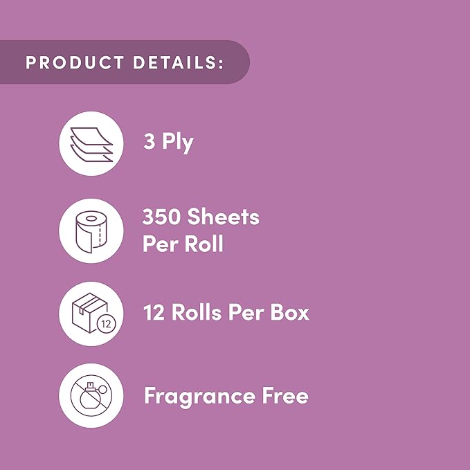 Amazon Aware 3-ply Bamboo Toilet Paper, Unscented, 12 Rolls, 350 Sheets per roll, Total 4200 Sheets, Plastic-Free