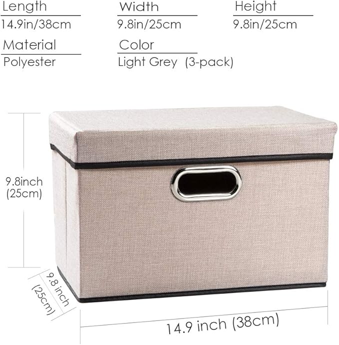 PRANDOM Foldable Storage Bin with Lid [3-Pack] Linen Fabric Decorative Storage Box Organizer Container Basket Cube with Handles Divider for Closet Office Living Room Light Grey (14.9x9.8x9.8)