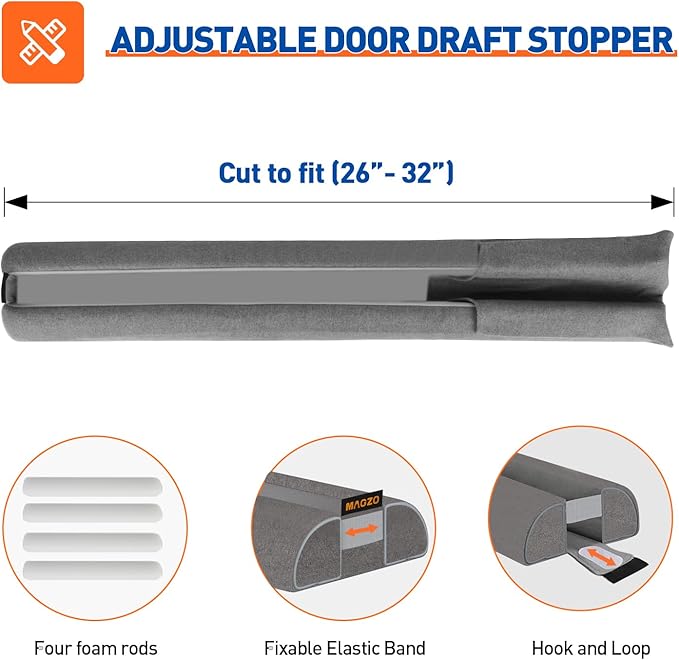 MAGZO Door Draft Stopper, 32 Inch Adjustable Under Door Gap Filler, Fits 26'' - 32'' Bottom Widths, Seals Gaps up to 1.7", Soundproof Sweep Blocks Air, Noise, Light, Dust- Grey