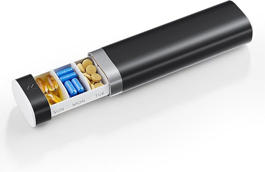 Betife Travel Pill Organizer Weekly 7 Day, Compact Daily Pill Box, Portable Medicine Case, Cute Pill Holder for Vitamins Supplements, Drawer-Shaped Pills Organizer (Black)