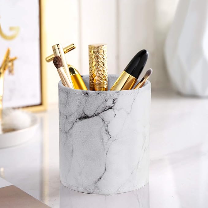 WAVEYU Pen Holder, Cup for Desk Marble Pattern Pencil Holder for Adults Kids Luxury Leather Desk Organizer Makeup Brush Holder for Office, Classroom, Home, Marble